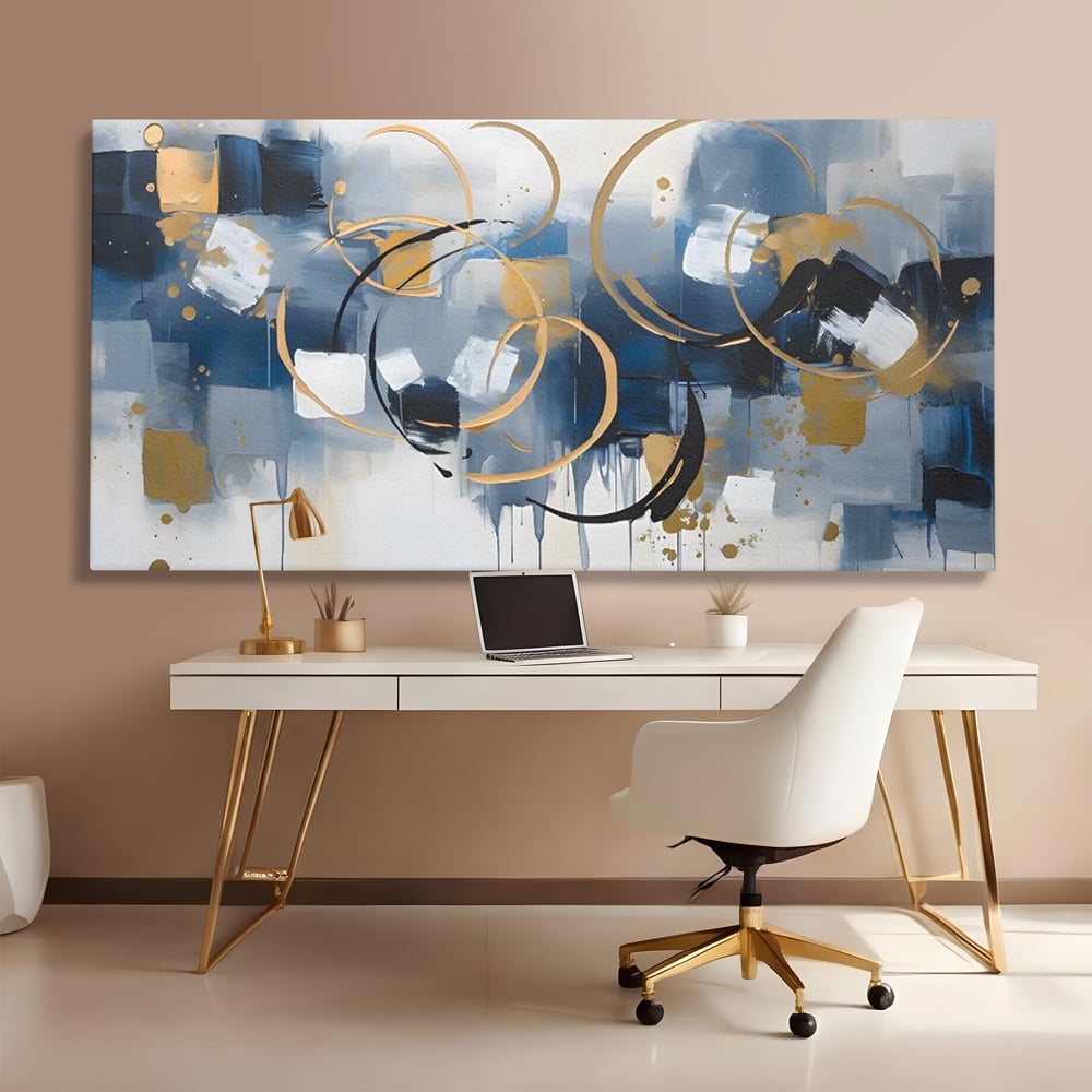 Tablou canvas cu pictura abstracta cu cercuri aurii si albastre, fara rama, pe sasiu de lemn, pe perete intr-un birou